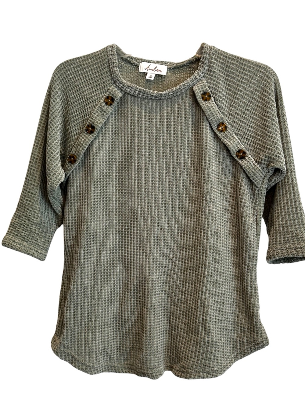 Anneliese Size M Waffle Knit Button Accent Pullover in gray/sage green
